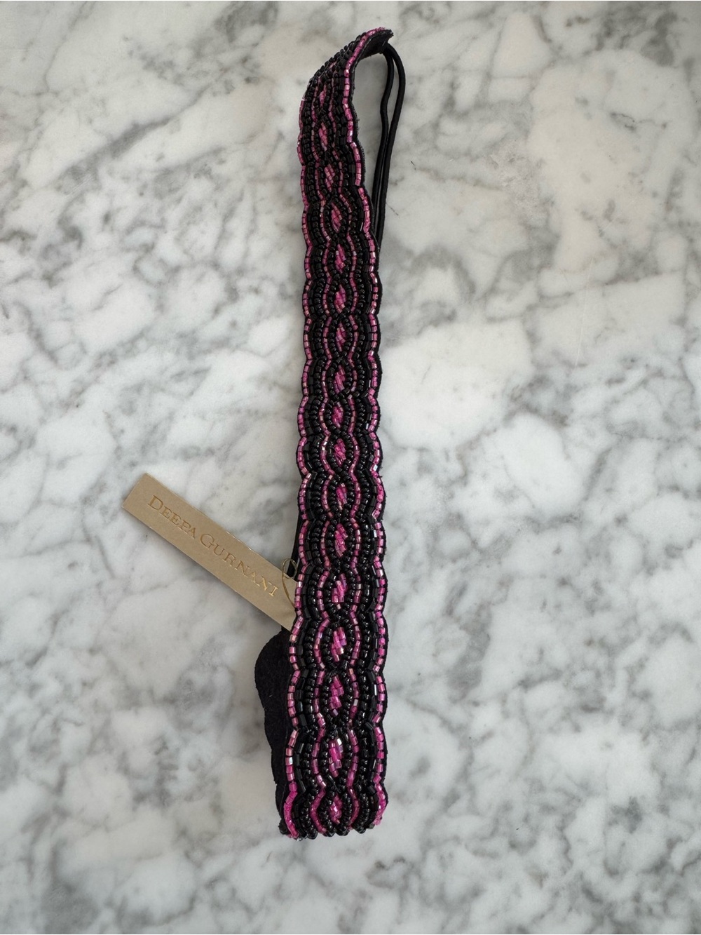 Deepa Gurnani Pink & Black Seed Bead Elastic Headband NWT - Picture 3 of 4